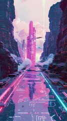 Wall Mural - a vast, abstract circuit board landscape, pulses of energy flowing along pathways, with imposing fir