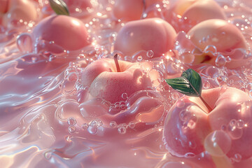 Canvas Print - close up of Pink fresh peaches in water