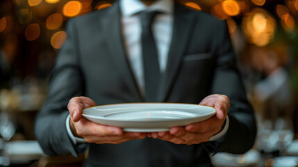 Wall Mural - Close-up of a restaurant waiter holding an empty plate