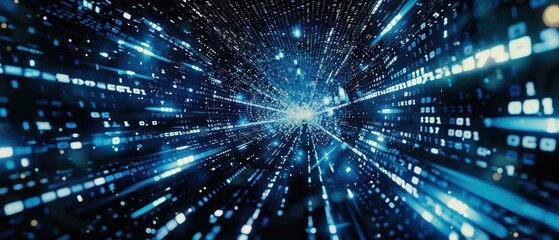 Abstract futuristic cyberspace with flowing binary code, digital matrix, software development