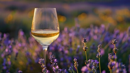 Lavender Field with Violet Flowers: Glass of White Wine in the Foreground