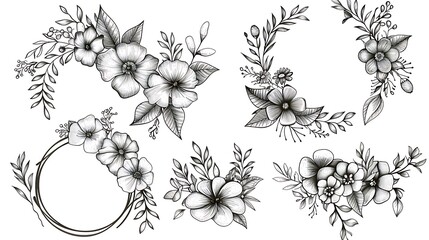 Wall Mural - Set of Hand drawn wreath with wild flowers and leaves line art illustration isolated on white background. Circle floral frame in black ink sketch style. wedding invitation design. Generative Ai