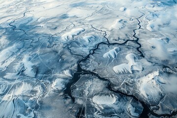 Wall Mural - Arctic tundra from above, cracked ice formations, frozen lakes, and migrating wildlife visible