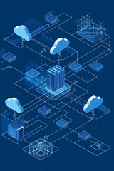 Wall Mural - blueprint-style flowchart representing cloud data migration, servers, storage, and network component