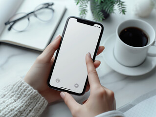 Closeup of woman's hands holding mobile phone with blank screen in office