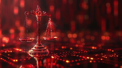 Unbiased artificial intelligence, Scales of Justice in Digital World Concept. Digital illustration Scales on futuristic red data network background. Fairness and equality in ethical AI systems.