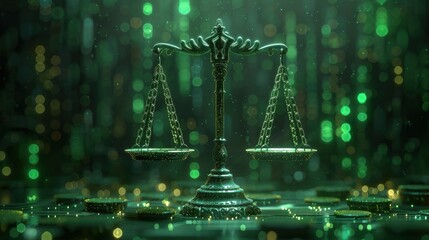 Unbiased artificial intelligence, Scales of Justice in Digital World Concept. Digital illustration Scales on futuristic green data network background. Fairness and equality in ethical AI systems.