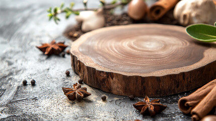 Authentic wood cut podium with spices for perfection product photos lotions and creams skincare products contain cinnamon extract for its anti-inflammatory and antioxidant properties.