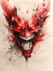 Wall Mural - A red and black demonic face with red eyes and a mouth that is open wide. The face is surrounded by red paint, giving it a fiery and menacing appearance. Scene is dark and intense