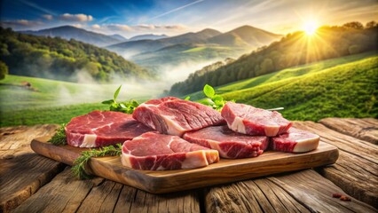 Freshly cut slices of premium beef rest on a rustic wooden table amidst a serene natural farm landscape background