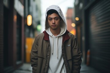Portrait of a young man in a hoodie on the street