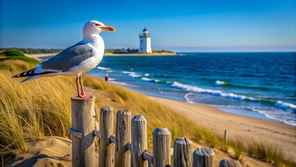 Wall Mural - A solitary Herring Seagull stands vigilant on weathered wooden fence post overlooking Cape Cod Lighthouse Beach's serene sandy shoreline.