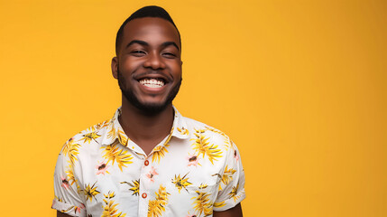 A millennial man in a casual shirt, confidently smiling at the camera against a solid yellow background