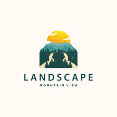 Wall Mural - Landscape logo nature adventure design mountain and river luxury vector illustration