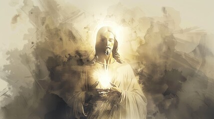 Wall Mural - Jesus with Heart Made of Light Biblical Illustration, Glowing Against Dark Background, Love and Warmth, Beige Background, copyspace