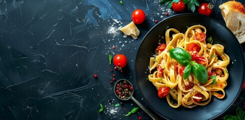 A tempting and flavorful pasta dish beautifully presented against a dark background, showcasing its deliciousness and culinary artistry