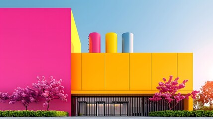 Wall Mural - Eco-Friendly Carbon Capture Plant: Modern Design with Bold Color Blocks and Sustainable Technology