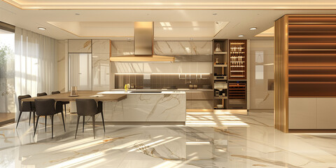 Wall Mural - Warm Sophistication: Crema Marfil Marble Kitchen - Island and Floor, Natural Lighting - Ideal for Cozy Spaces