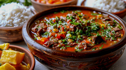 Wall Mural - Earthenware bowl brimming with a hearty beef stew, surrounded by side dishes of rice, potatoes, and vegetables