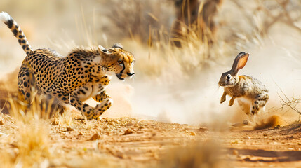 Wall Mural - cheetah chasing rabbit at high speed on dirt road in wild savanna landscape predator pursues prey in
