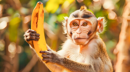 Curious and playful monkey holding a ripe yellow banana in a lush tropical jungle or rainforest setting  The primate is sitting on a branch amidst green foliage and sunlight with a natural