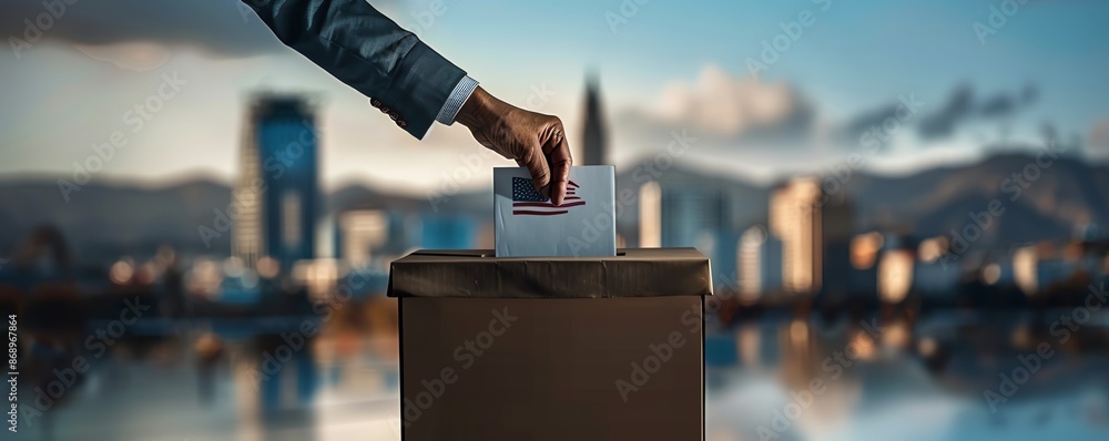 Hand placing a ballot into a box with an American flag draped over the ...