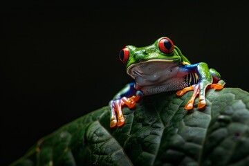 Mystic portrait of Red-eyed Tree Frog on leave, full body view, full body shot, isolated on black background