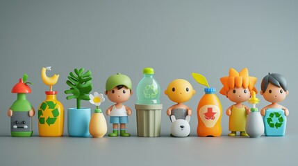 Wall Mural - Adorable 3D cartoon characters showing how to reduce plastic use, holding various eco-friendly alternatives on a gray background.