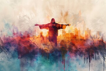 Jesus Christ in worship. Abstract watercolor background. Digital watercolor painting, Generative AI