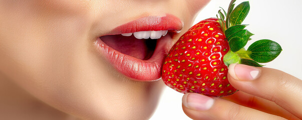 Close-up of a woman about to eat a strawberry, showcasing her lips and the vibrant red fruit for a fresh, healthy lifestyle concept.