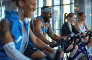 Sticker -  group of people smiling and riding spinning bikes in a gym