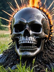 Canvas Print - Flaming Metal Skull.