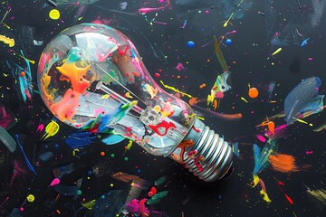 Wall Mural - A light bulb is surrounded by colorful paint splatters