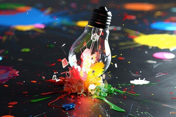 Wall Mural - A light bulb is surrounded by colorful paint splatters