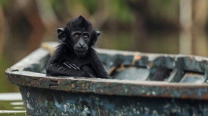 Wall Mural - The black headed spider monkey sitting on a boat very detailed and realistic shape