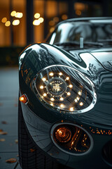 Close up of the headlights of a modern luxury car in the city