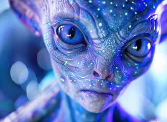 Wall Mural - close-up of a blue alien face with big eyes. ai.