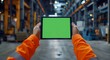 © Georgii - Worker holding tablet with green screen in industrial warehouse setting