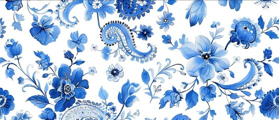 Wall Mural - stylish abstract floral design with a seamless repeat of blue and white blossoms on a silk-like textile background