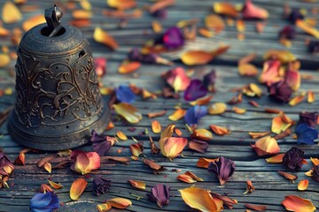 Wall Mural - A bell sits on a wooden table with colorful flowers scattered around it