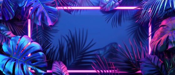 Wall Mural - Tropical leaves background with neon light frame