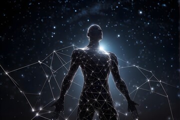 wireframe of a man in three dimensional render with night sky in background