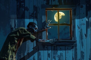 Wall Mural - A zombie man is trying to get into a house through a window