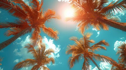 a group of palm trees under the sun, View of palm trees from below against a clear blue sky, depicting tropical landscapes and vacation vibes