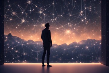 wireframe of a man in three dimensional render with night sky in background