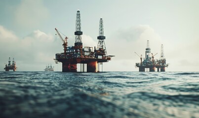 Wall Mural - Macro shot of oil rigs offshore in the distance, capturing the industrial landscape against the ocean