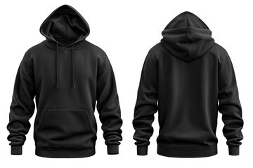 Black hoodie front and back view on transparent background, blank hooded sweatshirt mockup, casual fashion apparel template for design presentations
