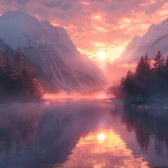 Wall Mural -  Scenic sunset over lake with mountains in background.