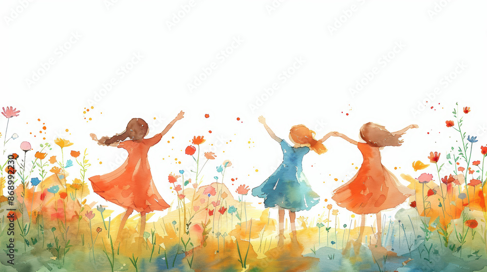 Three young girls are dancing happily in a field of wildflowers. They ...