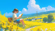 © Robin - anime person reading a book, on a bench, wide and beautiful fields, flowers